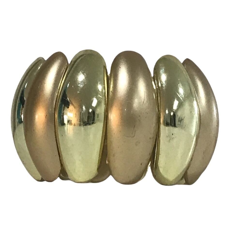 Costume Jewelry Stretch Bracelet Alternating Shiny and Matte Gold 2” Wide